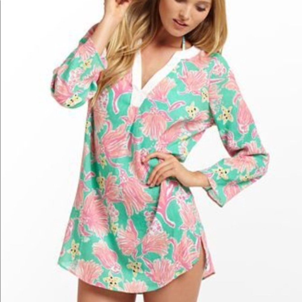 Lilly Pulitzer 100% Cotton Pink Green Ripley Lagoon Preppy Coastal Tunic 4375 - Picture 1 of 11